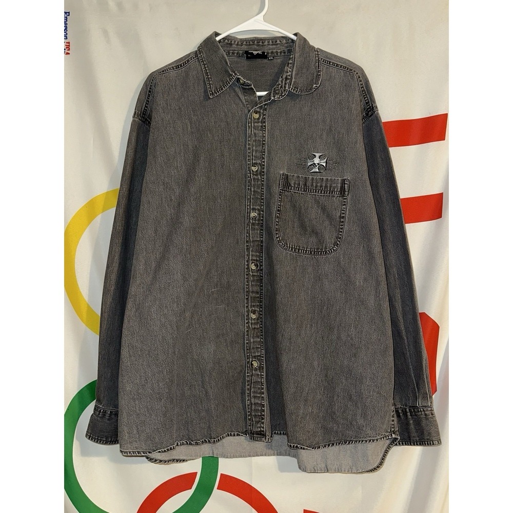 Vintage American Biker Button Up Shirt 2XL Loyal To None Motorcycles Pirate 90s